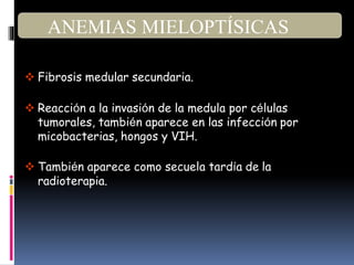  Fibrosis medular secundaria.
 Reacción a la invasión de la medula por células
tumorales, también aparece en las infección por
micobacterias, hongos y VIH.
 También aparece como secuela tardía de la
radioterapia.
ANEMIAS MIELOPTÍSICAS
 