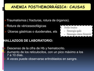 Traumatismos ( fracturas, rotura de órganos).
Rotura de véricesesofágicas
 Úlceras gástricas o duodenales, ets
HALLAZGOS DE LABORATORIO:
 Descenso de la cifra de Hb y hematocrito.
 Aumento de los reticulocitos, con un pico máximo a los
7 a 10 días.
 A veces puede observarse eritroblastos en sangre.
 