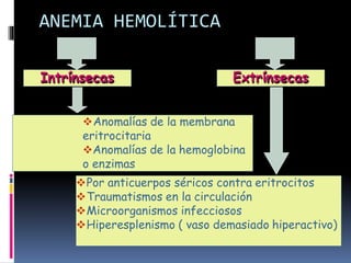 ANEMIA HEMOLÍTICA
Intrínsecas Extrínsecas
Anomalías de la membrana
eritrocitaria
Anomalías de la hemoglobina
o enzimas
Por anticuerpos séricos contra eritrocitos
Traumatismos en la circulación
Microorganismos infecciosos
Hiperesplenismo ( vaso demasiado hiperactivo)
 
