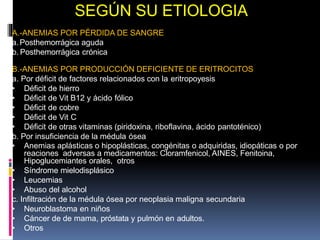 SEGÚN SU ETIOLOGIA
A.-ANEMIAS POR PÉRDIDA DE SANGRE
a.Posthemorrágica aguda
b. Posthemorrágica crónica
B.-ANEMIAS POR PRODUCCIÓN DEFICIENTE DE ERITROCITOS
a. Por déficit de factores relacionados con la eritropoyesis
• Déficit de hierro
• Déficit de Vit B12 y ácido fólico
• Déficit de cobre
• Déficit de Vit C
• Déficit de otras vitaminas (piridoxina, riboflavina, ácido pantoténico)
b. Por insuficiencia de la médula ósea
• Anemias aplásticas o hipoplásticas, congénitas o adquiridas, idiopáticas o por
reaciones adversas a medicamentos: Cloramfenicol, AINES, Fenitoina,
Hipoglucemiantes orales, otros
• Síndrome mielodisplásico
• Leucemias
• Abuso del alcohol
c. Infiltración de la médula ósea por neoplasia maligna secundaria
• Neuroblastoma en niños
• Cáncer de de mama, próstata y pulmón en adultos.
• Otros
 