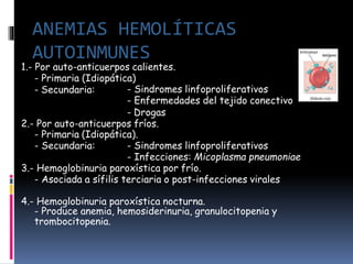 1.- Por auto-anticuerpos calientes.
- Primaria (Idiopática)
- Secundaria: - Sindromes linfoproliferativos
- Enfermedades del tejido conectivo
- Drogas
2.- Por auto-anticuerpos fríos.
- Primaria (Idiopática).
- Secundaria: - Sindromes linfoproliferativos
- Infecciones: Micoplasma pneumoniae
3.- Hemoglobinuria paroxística por frío.
- Asociada a sífilis terciaria o post-infecciones virales
4.- Hemoglobinuria paroxística nocturna.
- Produce anemia, hemosiderinuria, granulocitopenia y
trombocitopenia.
ANEMIAS HEMOLÍTICAS
AUTOINMUNES
 