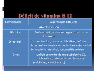 Nutricionales Vegetarianos Estrictos
Malabsorción
Gástrica Gastrectomia, ausencia congénita del factor
intrínseco
Intestinal Esprue tropical, resección intestinal, linfoma
intestinal, contaminación bacteriana, enfermedad
inflamatoria intestinal, pancreatitis crónica.
Otros Déficit congénito de transcabalamina II,
tabaquismo, interacción con fármacos
(colchicina,neomicina, etc)
Déficit de vitamina B 12
 