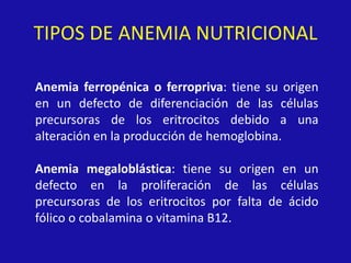 TIPOS DE ANEMIA NUTRICIONAL
Anemia ferropénica o ferropriva: tiene su origen
en un defecto de diferenciación de las células
precursoras de los eritrocitos debido a una
alteración en la producción de hemoglobina.
Anemia megaloblástica: tiene su origen en un
defecto en la proliferación de las células
precursoras de los eritrocitos por falta de ácido
fólico o cobalamina o vitamina B12.
 