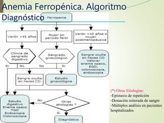 (*) Otras Etiologías:
-Epístaxis de repetición
-Donación reiterada de sangre
-Múltiples análisis en pacientes
hospitalizados
Anemia Ferropénica. Algoritmo
Diagnóstico
 