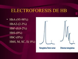 ELECTROFORESIS DE HB
• HbA-(95-98%)
HbA2-(2-3%)
HbF-(0,8-2%)
HbS-(0%)
HbC-(0%)
HbH, M, SC, E( 0%)
 