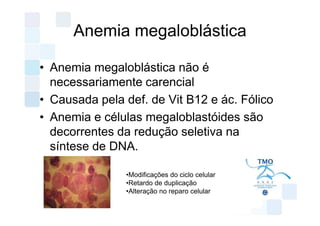 Anemia megaloblástica

• Anemia megaloblástica não é
  necessariamente carencial
• Causada pela def. de Vit B12 e ác. Fólico
• Anemia e células megaloblastóides são
  decorrentes da redução seletiva na
  síntese de DNA.

               •Modificações do ciclo celular
               •Retardo de duplicação
               •Alteração no reparo celular
 