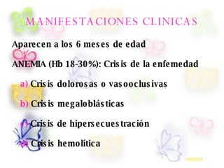MANIFESTACIONES CLINICAS
Aparecen a los 6 mes es de edad
ANEMIA (Hb 18-30%): Cris is de la enfemedad
a) Cris is doloros as o vas ooclus ivas
b) Cris is megaloblás ticas
c) Cris is de hipers ecues tración
d) Cris is hemolítica
 