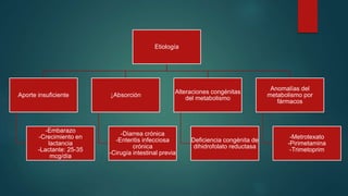 Etiología
Aporte insuficiente
-Embarazo
-Crecimiento en
lactancia
-Lactante: 25-35
mcg/día
↓Absorción
-Diarrea crónica
-Enteritis infecciosa
crónica
-Cirugía intestinal previa
Alteraciones congénitas
del metabolismo
Deficiencia congénita de
dihidrofolato reductasa
Anomalías del
metabolismo por
fármacos
-Metrotexato
-Pirimetamina
-Trimetoprim
 