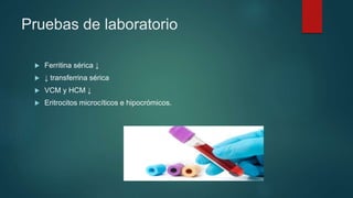 Pruebas de laboratorio
 Ferritina sérica ↓
 ↓ transferrina sérica
 VCM y HCM ↓
 Eritrocitos microcíticos e hipocrómicos.
 