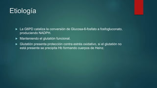 Etiología
 La G6PD cataliza la conversión de Glucosa-6-fosfato a fosfogluconato,
produciendo NADPH.
 Manteniendo el glutatión funcional.
 Glutatión presenta protección contra estrés oxidativo, si el glutatión no
está presente se precipita Hb formando cuerpos de Heinz.
 