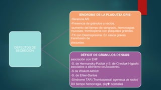 DEFECTOS DE
SECRECIÓN:
SÍNDROME DE LA PLAQUETA GRIS:
-Herencia AR.
-Presencia de gránulos α vacíos.
-aumento del tiempo de sangrado, hemorragias
mucosas, trombopenia con plaquetas grandes.
-TX con Desmopresina. En casos graves
transfusión de
plaquetas.
DÉFICIT DE GRÁNULOS DENSOS:
asociación con EHF
-S. de Hermansky-Pudlak y S. de Chediak-Higashi:
asociados a albinismo oculocutaneo.
-S de Wiskott-Aldrich
-S. de Ehler-Danlos
-Síndrome TAR (Trombopenia/ agenesia de radio)
DX tiempo hemorragia, plq normales
 