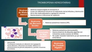 TROMBOPENIA HEREDITARIAS
Síndrome
de Wiskott-
Aldrich:
Síndrome
de Bernard-
Soulier:
Anomalía
de May-
Hegglin:
Síndrome
de Chediak-
Higashi:
• Herencia recesiva ligada al cromosoma X.
• Cursa con deficiencia inmune en la maduración de los linfocitos y disminución
de la vida media plaquetaria y agregación anormal.
• Asocia eczema e infecciones de repetición.
• Herencia autosómica recesiva (AR).
• Herencia autosómica dominante(AD).
• Asocia presencia de plaquetas gigantes con
inclusiones azules (cuerpos de Döhle).
• No suelen necesitar tratamiento ya que raramente son
sintomáticos.
• Herencia AR.
• Trombopenia moderada con alteración de la agregación.
• Asocia albinismo, infecciones recurrentes, defecto en el
almacenamiento de gránulos plaquetarios y grandes inclusiones
leucocitarias.
 