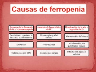 Aumento de la demanda
de Fe y/ o hematopoyesis
Crecimiento rápido en la
lactancia o adolescencia
Embarazo
Tratamiento con EPO
Aumento de las pérdidas
de FE
Hemorragia aguda/
crónica
Menstruación
Donación de sangre
Disminución de la abs. o
ingestión de Fe
Alimentación deficiente
Malabsorción por
patología o cirugía
Inflamación aguda o
crónica
 