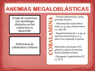 Grupo de trastornos
con morfología
distintiva en los
eritrocitos en
desarrollo
Deficiencia de
cobalamina o folatos
COBALAMINA
- Fuentes alimenticias: carne,
pescado, lácteos.
- Alimentación usual ofrece
entre 5 y 30 ug y elimina entre
1 y 3 ug/ día
- Requerimientos de 1ª 3 ug. as
reservas sirven hasta 3 o 4
años si se suspende el aporte.
Absorción: activa por el FI
gástrico y pasiva en mucosa
bucal, duodena e ileon.
-Transporte: haptocorrina TC
I y TC II
 