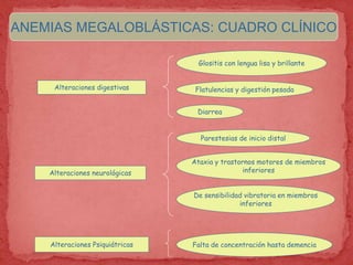 Alteraciones digestivas
Glositis con lengua lisa y brillante
Flatulencias y digestión pesada
Diarrea
Alteraciones neurológicas
Parestesias de inicio distal
Ataxia y trastornos motores de miembros
inferiores
De sensibilidad vibratoria en miembros
inferiores
Alteraciones Psiquiátricas Falta de concentración hasta demencia
ANEMIAS MEGALOBLÁSTICAS: CUADRO CLÍNICO
 