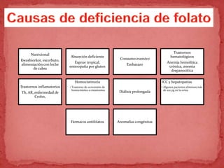 Nutricional
Kwashiorkor, escorbuto,
alimentación con leche
de cabra
Absorción deficiente
Esprue tropical,
enteropatía por gluten
Consumo excesivo
Embarazo
Trastornos
hematológicos
Anemia hemolítica
crónica, anemia
drepanocítica
Trastornos inflamatorios
Tb, AR, enfermedad de
Crohn,
Homocistinuria
• Trastorno de ocnversión de
homocisteína a cistationina
Diálisis prolongada
ICC y hepatopatías
• Algunos pacientes eliminan más
de 100 pg en la orina
Fármacos antifolatos Anomalías congénitas
 