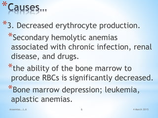 4 March 2015Anaemias...L.A 6
*
*3. Decreased erythrocyte production.
*Secondary hemolytic anemias
associated with chronic infection, renal
disease, and drugs.
*the ability of the bone marrow to
produce RBCs is significantly decreased.
*Bone marrow depression; leukemia,
aplastic anemias.
 