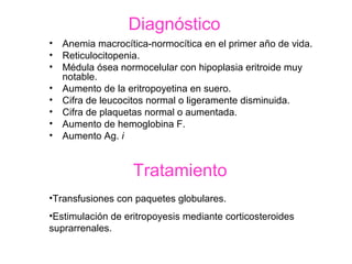 Diagnóstico
• Anemia macrocítica-normocítica en el primer año de vida.
• Reticulocitopenia.
• Médula ósea normocelular con hipoplasia eritroide muy
  notable.
• Aumento de la eritropoyetina en suero.
• Cifra de leucocitos normal o ligeramente disminuida.
• Cifra de plaquetas normal o aumentada.
• Aumento de hemoglobina F.
• Aumento Ag. i


                   Tratamiento
•Transfusiones con paquetes globulares.
•Estimulación de eritropoyesis mediante corticosteroides
suprarrenales.
 