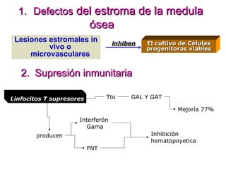 1. Defectos del estroma de la medula
                          ósea
 Lesiones estromales in           inhiben   El cultivo de Células
          vivo o                            progenitoras viables
     microvasculares

   2. Supresión inmunitaria

Linfocitos T supresores         Tto    GAL Y GAT

                                                      Mejoría 77%
                     Interferón
                       Gama
        producen                             Inhibición
                                             hematopoyetica
                          FNT
 