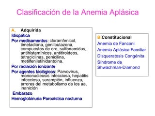 Clasificación de la Anemia Aplásica

A. Adquirida
Idiopática                                 B.Constitucional
Por medicamentos: cloramfenicol,
     timetadiona, genilbutazona,           Anemia de Fanconi
     compuestos de oro, sulfonamidas,      Anemia Aplásica Familiar
     antihistamínicos, antitiroideos,
     tetraciclinas, penicilina,            Disqueratosis Congénita
     metilfeniletihidantoina.              Síndrome de
Por radiación ionizante                    Shwachman-Diamond
Por agentes biológicos: Parvovirus,
     mononucleosis infecciosa, hepatitis
     infecciosa, sarampión, influenza,
     errores del metabolismo de los aa,
     inanición
 Embarazo
Hemoglobinuria Paroxística nocturna
 