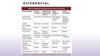 D I A G N O S T I C O
D I F E R E N C I A L
Bibliografia: José María Moraleda Jiménez. Pregrado de hematología. 4th ed. Madrid Luzán 5 D.L; 2017.
 