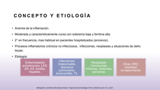 C O N C E P T O Y E T I O L O G Í A
• Anemia de la inflamación.
• Moderada y caracteristicamente cursa con siderema baja y ferritina alta.
• 2° en frecuencia, mas habitual en pacientes hospitalizados (ancianos).
• Procesos inflamatorios crónicos no infecciosos, infecciones, neoplasias y situaciones de daño
tisular.
• Etiología:
Enfermedades
autoinmunes: LES,
AR, EII, tioiditis,
hepatitis.
Infecciones:
Osteomielitis,
abscesos
pulmonares,
endocarditis, Tb.
Neoplasias:
Carcinomas,
linfomas, mielomas,
sarcomas.
Otras: ERC,
obesidad,
envejecimiento.
Bibliografia: José María Moraleda Jiménez. Pregrado de hematología. 4th ed. Madrid Luzán 5 D.L; 2017.
 