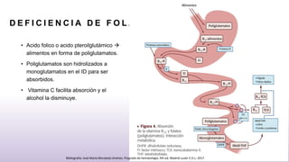D E F I C I E N C I A D E F O L AT O S
• Acido folico o acido pteroilglutámico 
alimentos en forma de poliglutamatos.
• Poliglutamatos son hidrolizados a
monoglutamatos en el ID para ser
absorbidos.
• Vitamina C facilita absorción y el
alcohol la disminuye.
Bibliografia: José María Moraleda Jiménez. Pregrado de hematología. 4th ed. Madrid Luzán 5 D.L; 2017.
 