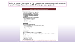 Deficit de folatos  disminución de THF intracelular que causa reduccion de la sintesis de
desoxitimidilato y altera sintesis de ADN  hematopoyesis megalobastica
Bibliografia: José María Moraleda Jiménez. Pregrado de hematología. 4th ed. Madrid Luzán 5 D.L; 2017.
 