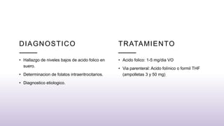 DIAGNOSTICO
• Hallazgo de niveles bajos de acido folico en
suero.
• Determinacion de folatos intraeritrocitarios.
• Diagnostico etiologico.
• Acido folico: 1-5 mg/dia VO
• Via parenteral: Acido folínico o formil THF
(ampolletas 3 y 50 mg)
TRATAMIENTO
 