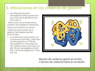 3. Alteraciones en las cadenas de globina
 Las alteraciones de la
hemoglobina (Hb) se producen
por mutaciones genéticas que
dan lugar a:
- Disminución de la síntesis de las
cadenas de la globina: talasemias.
Herencia autosómica recesiva.
- Defectos estructurales de la
globina: hemoglobinopatías
estructurales.
 En el hematíe adulto existen, en
condiciones normales, varios tipos
de hemoglobina: un 97% de
hemoglobina A1 (formada por
dos cadenas alfa y dos beta: α2,
β2), 2% de hemoglobina A2 (α2,
δ2) y 1% de hemoglobina F -fetal-
(α2, γ2).
•Exceso de cadenas gama en el feto.
• Exceso de cadenas beta en el adulto.
 