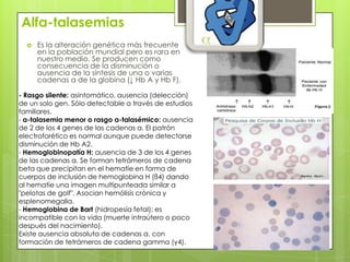 Alfa-talasemias
 Es la alteración genética más frecuente
en la población mundial pero es rara en
nuestro medio. Se producen como
consecuencia de la disminución o
ausencia de la síntesis de una o varias
cadenas α de la globina (↓ Hb A y Hb F).
- Rasgo silente: asintomático, ausencia (delección)
de un solo gen. Sólo detectable a través de estudios
familiares.
- α-talasemia menor o rasgo α-talasémico: ausencia
de 2 de los 4 genes de las cadenas α. El patrón
electroforético es normal aunque puede detectarse
disminución de Hb A2.
- Hemoglobinopatía H: ausencia de 3 de los 4 genes
de las cadenas α. Se forman tetrámeros de cadena
beta que precipitan en el hematíe en forma de
cuerpos de inclusión de hemoglobina H (ß4) dando
al hematíe una imagen multipunteada similar a
"pelotas de golf". Asocian hemólisis crónica y
esplenomegalia.
- Hemoglobina de Bart (hidropesía fetal): es
incompatible con la vida (muerte intraútero o poco
después del nacimiento).
Existe ausencia absoluta de cadenas α, con
formación de tetrámeros de cadena gamma (γ4).
 