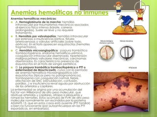 Anemias hemolíticas no inmunes
Anemias hemolíticas mecánicas:
 A. Hemoglobinuria de la marcha: hemólisis
intravascular por traumatismos mecánicos asociados
al ejercicio físico intenso (kárate, carreras
prolongadas). Suele ser leve y no requiere
tratamiento.
 B. Hemólisis por valvulopatías: hemólisis intravascular
por estenosis o insuficiencia aórtica, fístulas
arteriovenosas o válvulas artificiales (sobre todo,
aórticas). En el frotis aparecen esquistocitos (hematíes
fragmentados).
 C. Hemólisis microangiopática : púrpura trombótica
trombocitopénica, síndrome hemolítico-urémico,
coagulación intravascular diseminada, hipertensión
maligna,prótesis valvulares mecánicas, carcinomas
diseminados. Es característica la presencia de
esquistocitos en el frotis de sangre periférica.
 D. La púrpura trombótica trombocitopénica o PTT o
enfermedad de Moschcowitz, cursa con la pentada
de anemia hemolítica microangiopática con
esquistocitos (típicos pero no patognomónicos),
trombopenia con coagulación normal, fiebre,
afectación de SNC (obnubilación, confusión,
parálisis...) e insuficiencia renal aguda por obstrucción
de las arteriolas y capilares.
La enfermedad se origina por una acumulación del
Factor von Willebrand de alto peso molecular, que
obstruye arteriolas y capilares, atrapa a plaquetas y
rompe los hematíes. Estos acúmulos de FvW de alto peso
molecular normalmente son escindidos por la proteína
ADAMTS 13, que en estos casos está ausente (PTT familiar)
o bien no funcionante (por autoanticuerpos en las PTT
esporádicas, en embarazo).
 
