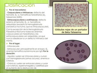 Clasificación
 Por el mecanismo:
- Corpusculares o intrínsecas: defecto del
hematíe. Ej.: a. hemolíticas hereditarias (ej.,
talasemias (MIR)).
- Extracorpusculares o extrínsecas: defecto
externo al hematíe. Ej., a. hemolíticas
adquiridas (excepto la hemoglobinuria
paroxística nocturna, que es intracorpuscular).
Con la excepción de la Hemoglobinuria
Paroxística Nocturna todas las anemias
corpusculares son hereditarias y las
extracorpusculares son adquiridas, ya que
nunca obedecen a un defecto intrínseco del
mismo.
 Por el lugar:
- Intravascular.
- Extravascular: principalmente en el bazo. Ej.,
anemia hemolítica autoinmune por IgG Por la
duración:
- Agudas: suelen ser intravasculares y cursan
con hemoglobinuria (orinas oscuras), anemia e
ictericia.
- Crónicas: suelen ser extravasculares y cursar
con ictericia, esplenomegalia y colelitiasis por
el aumento de la destrucción de
hemoglobina.
 