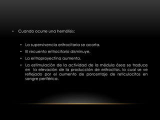 • Cuando ocurre una hemólisis:
• La supervivencia eritrocitaria se acorta.
• El recuento eritrocitario disminuye.
• La eritroproyectina aumenta.
• La estimulación de la actividad de la médula ósea se traduce
en la elevación de la producción de eritrocitos, lo cual se ve
reflejado por el aumento de porcentaje de reticulocitos en
sangre periférica.
 