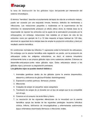 5
la tasa de destrucción de los glóbulos rojos del paciente por intervención del
sistema inmunológico.
El térmico “hemólisis” describe el acortamiento del lapso de vida de un eritrocito maduro,
puede ser causada por una respuesta inmune, herencia, defectos de membranas o
infecciones. Las reducciones pequeñas o moderadas en la supervivencia de los
eritrocitos no necesariamente producen un efecto clínico obvio, la médula ósea es la
responsable de reponer los eritrocitos con la ayuda de la estimulación provocada por la
eritropoyetina, sin embargo, reducciones más notables en el lapso de vida de los
eritrocitos como por ejemplo de 5 a 10 días respecto al lapso habitual de 120 días,
abrumará la capacidad de la médula ósea de ampliar la producción eritrocítica y dará por
resultado anemia hemolítica.
En condiciones normales los linfocitos T- supresores evitan la formación de anticuerpos.
Sin embargo con la anemia hemolítica esta regulación se pierde, con la producción de
anticuerpos contra los antígenos eritrocitarios, es decir, el sistema inmunitario
erróneamente toma a sus propios glóbulos rojos como sustancias extrañas. Entonces se
desarrollan anticuerpos contra estos glóbulos rojos. Estos anticuerpos atacan a los
glóbulos rojos y provocan su degradación prematura.
Los glóbulos rojos se pueden destruir debido a:
1. Anomalías genéticas dentro de los glóbulos (como la anemia drepanocítica,
talasemia y deficiencia de glucosa-6-fosfato deshidrogenasa)
2. Exposición a ciertos químicos, fármacos y toxinas
3. Infecciones
4. Coágulos de sangre en pequeños vasos sanguíneos
5. Transfusión de sangre de un donante con un tipo de sangre que no es compatible
con el suyo.
6. Carencia en el consumo de ácido fólico y hierro.
7. La asociación de las siguientes alteraciones de la inmunidad con la anemia
hemolítica apoya las teorías de las siguientes patologías: leucemia linfocítica
crónica, linfoma, deficiencia de inmunoglobulinas y enfermedades autoinmunes
(lupus eritematoso diseminado) fármacos e infecciones virales.
 