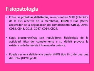 • Entre las proteínas deficitarias, se encuentran MiRL (inhibidor
de la lisis reactiva de la membrana; CD59) y DaF (factor
acelerador de la degradación del complemento; CD55). Otras:
CD58, CD48, CD16, CD87, CD14, CD24.
• Estas glucoproteínas son reguladoras fisiológicas de la
actividad lítica del complemento y su déficit provoca la
existencia de hemólisis intravascular crónica.
• Puede ser una deficiencia parcial (HPN tipo II) o de una una
def. total (HPN tipo III)

 