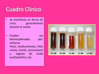 • Se manifiesta en forma de
crisis,
generalmente
durante la noche.
• Pueden
ser
desencadenadas
por:
esfuerzo
físico, medicamentos, infec
ciones, estrés, vacunacione
s, ingesta de ácido
acetilsalicílico, etc.

 