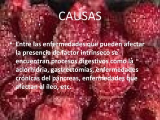 CAUSAS
• Entre las enfermedades que pueden afectar
la presencia de factor intrínseco se
encuentran procesos digestivos como la
aclorhidria, gastrectomías, enfermedades
crónicas del páncreas, enfermedades que
afectan al íleo, etc.
 