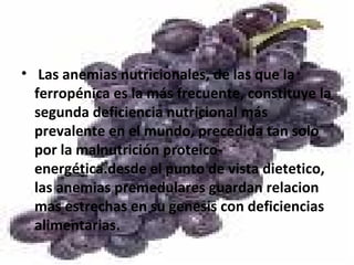 • Las anemias nutricionales, de las que la
ferropénica es la más frecuente, constituye la
segunda deficiencia nutricional más
prevalente en el mundo, precedida tan solo
por la malnutrición proteico-
energética.desde el punto de vista dietetico,
las anemias premedulares guardan relacion
mas estrechas en su genesis con deficiencias
alimentarias.
 