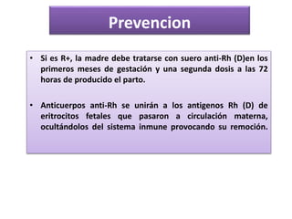Prevencion 
• Si es R+, la madre debe tratarse con suero anti-Rh (D)en los 
primeros meses de gestación y una segunda dosis a las 72 
horas de producido el parto. 
• Anticuerpos anti-Rh se unirán a los antigenos Rh (D) de 
eritrocitos fetales que pasaron a circulación materna, 
ocultándolos del sistema inmune provocando su remoción. 
 