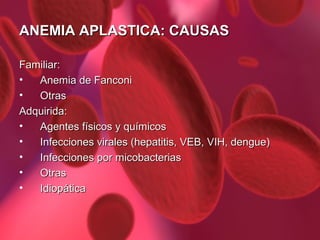 ANEMIA APLASTICA: CAUSAS
Familiar:
•
Anemia de Fanconi
•
Otras
Adquirida:
•
Agentes físicos y químicos
•
Infecciones virales (hepatitis, VEB, VIH, dengue)
•
Infecciones por micobacterias
•
Otras
•
Idiopática

 