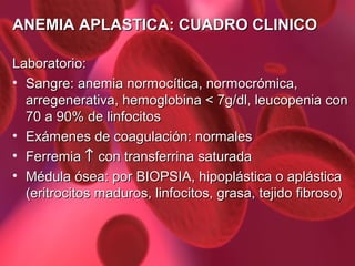 ANEMIA APLASTICA: CUADRO CLINICO
Laboratorio:
• Sangre: anemia normocítica, normocrómica,
arregenerativa, hemoglobina < 7g/dl, leucopenia con
70 a 90% de linfocitos
• Exámenes de coagulación: normales
• Ferremia ↑ con transferrina saturada
• Médula ósea: por BIOPSIA, hipoplástica o aplástica
(eritrocitos maduros, linfocitos, grasa, tejido fibroso)

 