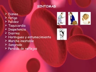 SINTOMAS
 Disnea
 fatiga
 Palidez
 Taquicardia
 Inapetencia
 Diarrea
 Hormigueo y entumecimiento
 Marcha inestable
 Sangrado
 Perdida de reflejos

 