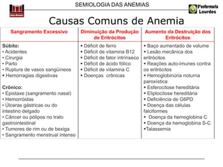 SEMIOLOGIA DAS ANEMIAS
Causas Comuns de Anemia
Sangramento Excessivo Diminuição da Produção
de Eritrócitos
Aumento da Destruição dos
Eritrócitos
Súbito:
• Acidentes
• Cirurgia
• Parto
• Ruptura de vasos sangüíneos
 Hemorragias digestivas
Crônico:
• Epistaxe (sangramento nasal)
• Hemorróidas
• Úlceras gástricas ou do
intestino delgado
• Câncer ou pólipos no trato
gastrointestinal
• Tumores de rim ou de bexiga
• Sangramento menstrual intenso
 Déficit de ferro
 Déficit de vitamina B12
 Déficit de fator intrínseco
 Déficit de ácido fólico
 Déficit de vitamina C
 Doenças crônicas
 Baço aumentado de volume
 Lesão mecânica dos
eritrócitos
 Reações auto-imunes contra
os eritrócitos
 Hemoglobinúria noturna
paroxística
 Esferocitose hereditária
 Eliptocitose hereditária
 Deficiência de G6PD
 Doença das células
falciformes
 Doença da hemoglobina C
 Doença da hemoglobina S-C
Talassemia
 