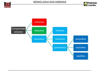 SEMIOLOGIA DAS ANEMIAS
Componentes
celulares
eritrócitos
plaquetas
leucócitos
linfócitos
monócitos
granulócitos
eosinófilos
neutrófilos
basófilos
 