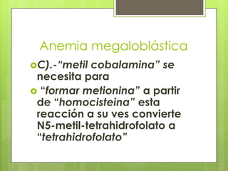 Anemia megaloblástica
C).-“metil

cobalamina” se
necesita para
 “formar metionina” a partir
de “homocisteina” esta
reacción a su ves convierte
N5-metil-tetrahidrofolato a
“tetrahidrofolato”

 