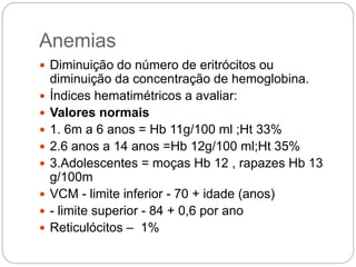 Anemias
 Diminuição do número de eritrócitos ou
diminuição da concentração de hemoglobina.
 Índices hematimétricos a avaliar:
 Valores normais
 1. 6m a 6 anos = Hb 11g/100 ml ;Ht 33%
 2.6 anos a 14 anos =Hb 12g/100 ml;Ht 35%
 3.Adolescentes = moças Hb 12 , rapazes Hb 13
g/100m
 VCM - limite inferior - 70 + idade (anos)
 - limite superior - 84 + 0,6 por ano
 Reticulócitos – 1%
 