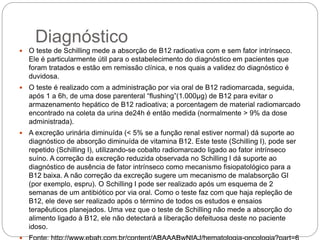Diagnóstico
 O teste de Schilling mede a absorção de B12 radioativa com e sem fator intrínseco.
Ele é particularmente útil para o estabelecimento do diagnóstico em pacientes que
foram tratados e estão em remissão clínica, e nos quais a validez do diagnóstico é
duvidosa.
 O teste é realizado com a administração por via oral de B12 radiomarcada, seguida,
após 1 a 6h, de uma dose parenteral “flushing”(1.000µg) de B12 para evitar o
armazenamento hepático de B12 radioativa; a porcentagem de material radiomarcado
encontrado na coleta da urina de24h é então medida (normalmente > 9% da dose
administrada).
 A excreção urinária diminuída (< 5% se a função renal estiver normal) dá suporte ao
diagnóstico de absorção diminuída de vitamina B12. Este teste (Schilling I), pode ser
repetido (Schilling I), utilizando-se cobalto radiomarcado ligado ao fator intrínseco
suíno. A correção da excreção reduzida observada no Schilling I dá suporte ao
diagnóstico de ausência de fator intrínseco como mecanismo fisiopatológico para a
B12 baixa. A não correção da excreção sugere um mecanismo de malabsorção GI
(por exemplo, espru). O Schilling I pode ser realizado após um esquema de 2
semanas de um antibiótico por via oral. Como o teste faz com que haja repleção de
B12, ele deve ser realizado após o término de todos os estudos e ensaios
terapêuticos planejados. Uma vez que o teste de Schilling não mede a absorção do
alimento ligado à B12, ele não detectará a liberação defeituosa deste no paciente
idoso.
 
