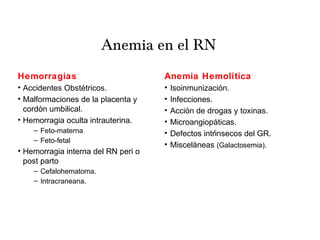 Hemorragias
• Accidentes Obstetricos.́
• Malformaciones de la placenta y
cordon umbilical.́
• Hemorragia oculta intrauterina.
– Feto-materna
– Feto-fetal
• Hemorragia interna del RN peri o
post parto
– Cefalohematoma.
– Intracraneana.
Anemia Hemolítica
• Isoinmunizacion.́
• Infecciones.
• Accion de drogas y toxinas.́
• Microangiopaticas.́
• Defectos intrinsecos del GR.́
• Miscelaneaś (Galactosemia).
Anemia en el RN
 