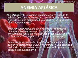 DEFINICIÓN: La anemia aplásica ocurre cuando la
médula ósea produce muy poca cantidad de los tres
tipos de células sanguíneas: glóbulos rojos, glóbulos
blancos y plaquetas.
Una cantidad reducida de glóbulos rojos provoca
disminución abrupta de la hemoglobina (tipo de
proteína presente en los glóbulos rojos cuya función
es transportar oxígeno a los tejidos del cuerpo).
Una cantidad reducida de glóbulos blancos vuelve al
paciente susceptible a las infecciones. Y una cantidad
reducida de plaquetas puede hacer que la sangre no
coagule adecuadamente.
ANEMIA APLÁSICA
HIPOREGENERATIVAS
 